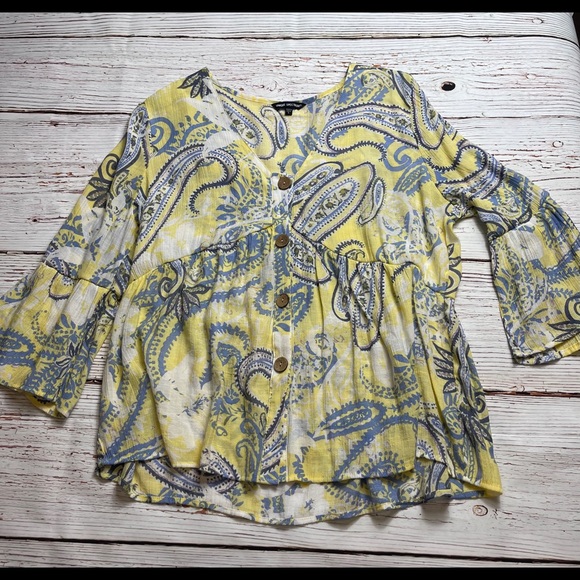 Yellow/blue pastel print Boho bell sleeve blouse - Picture 3 of 6